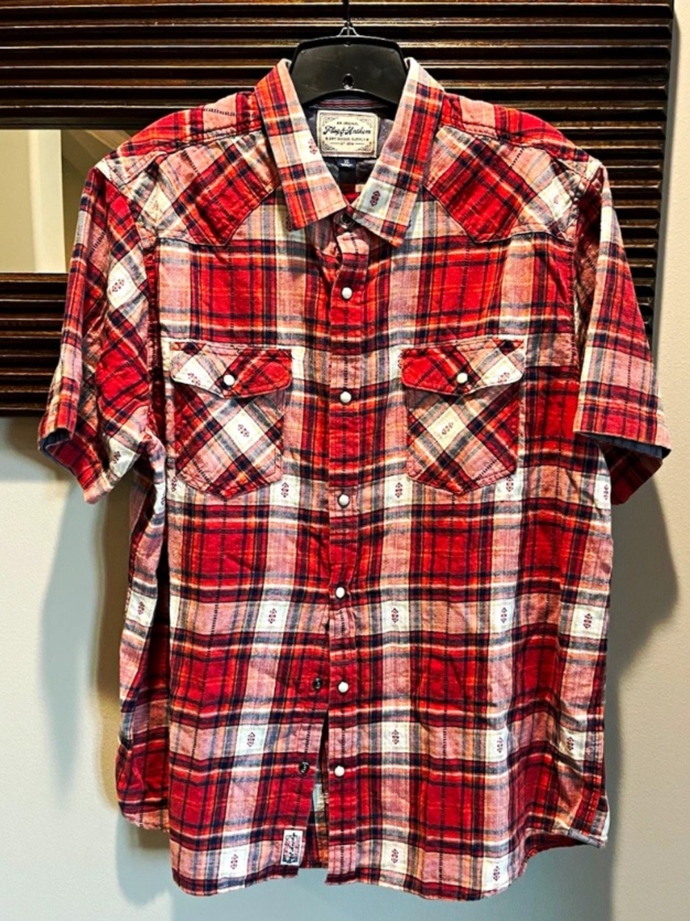 Flag & Anthem Men's XL Short Sleeve Red Plaid Pearl Snap Western Shirt